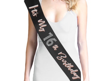 Sweet 16 Sash • It's My 16th Birthday Rose Gold & Silver Black Sash • 16th Birthday Decorations • 16th Birthday Party Supplies • Teen Gift