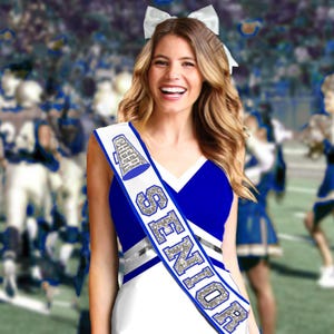 Royal Blue Silver Cheer Senior Sash • Ribbon Edge Senior Sash • Script Cheer Captain •2026