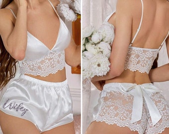 Boudoir Lingerie • Bridal Lingerie Outfits • Glam Wifey White Lace PJ Set • Lingerie Shower Gift • Bachelorette Gift • Bride Gift • Wifey
