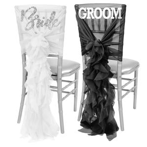 Bridal Party Chair Decor • Glam Bride & Groom Gift • Black and White Organza Wedding Reception Decoration • Bridal Party Chair Banner Signs