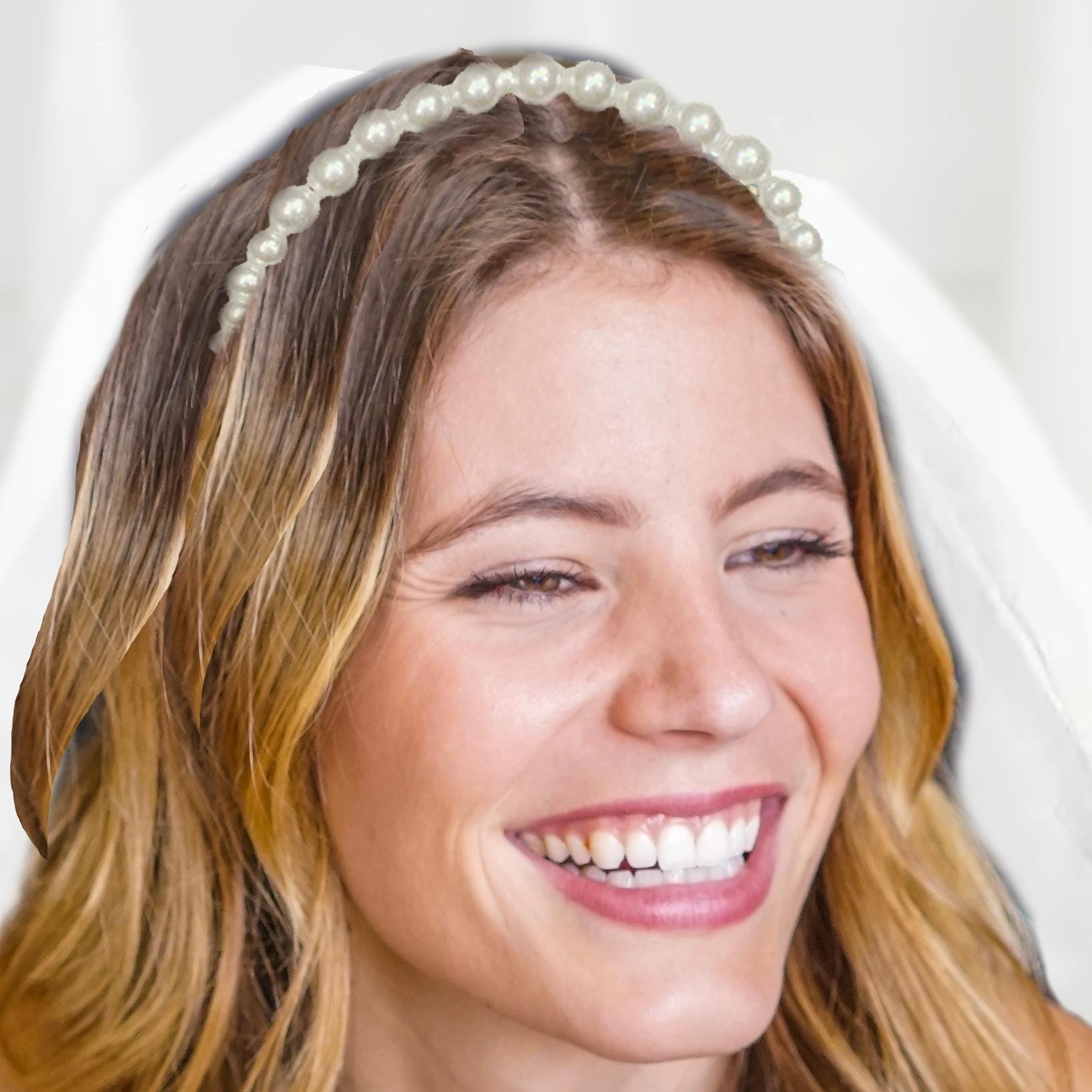 Pearl Bride Headband & White Tulle Veil 2pc Set • Coquette 