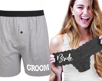 Newlywed Gifts • Bride Groom • Wifey Hubby • Mrs Mr • Sleep Mask • Bride Panties • Mens Boxers • Luggage Tag • Honeymoon • Blindfold