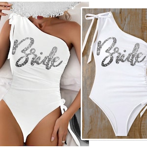 Bridal Swimsuit • Bride One Shoulder Swimsuit • Bride Swimsuit Cover Up • Bachelorette Party Swimwear • Bride Bathing Suit • Pearl Sarong