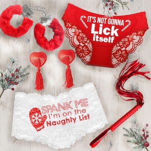 Christmas Panty Set • White Lick Itself Red Bikini • Red Spank Me White Boyshort • Tassel Pasties • Naughty Xmas Panties • Stocking Stuffers