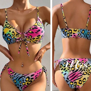 Animal Print Bikini • White Mrs Swimsuit • Honeymoon Bathing Suit • Bride Gift • Rainbow and Black Animal Print • Neon String Bikini