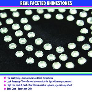 May include: A black fabric surface adorned with numerous clear, faceted rhinestones arranged in a circular pattern. The text REAL FACETED RHINESTONES appears at the top, with bullet points detailing premium diamond look and easy care.