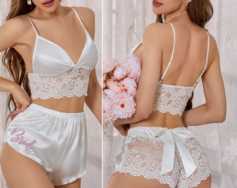 Wedding Lingerie • Bridal Boudoir Outfits • Glam Bride White Lace PJ Set • Lingerie Shower Gift • Bachelorette Gift • Bride Gift • Wifey
