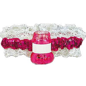 May include: A pink and white garter with a clear plastic shot glass attached. The garter is made of white lace and pink sequins.