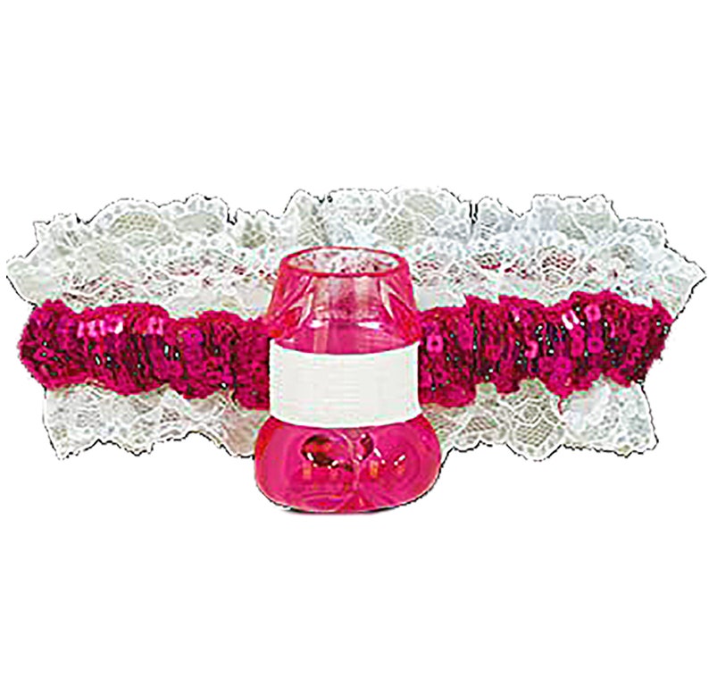 May include: A pink and white garter with a clear plastic shot glass attached. The garter is made of white lace and pink sequins.
