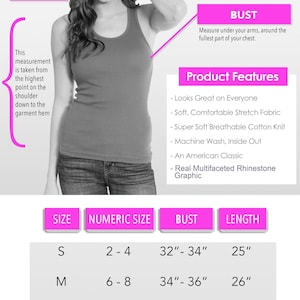 May include: A grey ribbed tank top size chart featuring a measurement guide for bust and length. The chart lists sizes S through XL with corresponding numeric sizes 2-14, bust measurements from 32 to 40 inches, and lengths from 25 to 28 inches.