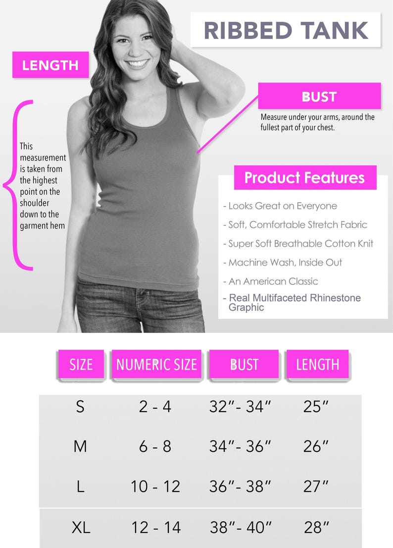 May include: A grey ribbed tank top size chart featuring a measurement guide for bust and length. The chart lists sizes S through XL with corresponding numeric sizes 2-14, bust measurements from 32 to 40 inches, and lengths from 25 to 28 inches.