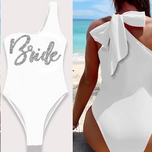 White Bridal Swimsuit • Silver Bride One Shoulder Swimsuit • High Cut Bachelorette Party Swimwear • Bride Bathing Suit • Honeymoon Swimwear