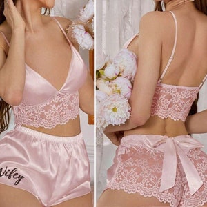 Boudoir Lingerie Set • Size Small Glam Black Wifey Blush Satin & Lace Bow Back Lingerie • Bridal Lingerie Outfits • Lingerie Shower Gift