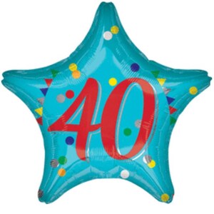 May include: A turquoise star-shaped balloon with the number 40 in red. The balloon is decorated with colorful confetti and triangular shapes. This festive balloon is suitable for a 40th birthday celebration.