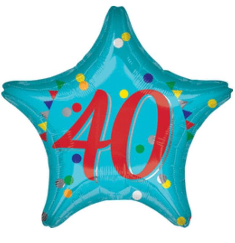 May include: A turquoise star-shaped balloon with the number 40 in red. The balloon is decorated with colorful confetti and triangular shapes. This festive balloon is suitable for a 40th birthday celebration.