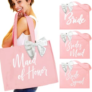 Coquette Bridal Canvas Tote • Tying the Knot • Margs & Matrimony • White Bride Bag • Bow Clip • Bridal Shower Gift • Bachelorette Party