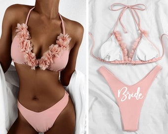 FREE SHIPPING: Blush Floral Bride Bikini • Floral Bride Swimsuit • Bridal Honeymoon Bikini • Bachelorette Swimwear • Bridal Bathing Suit