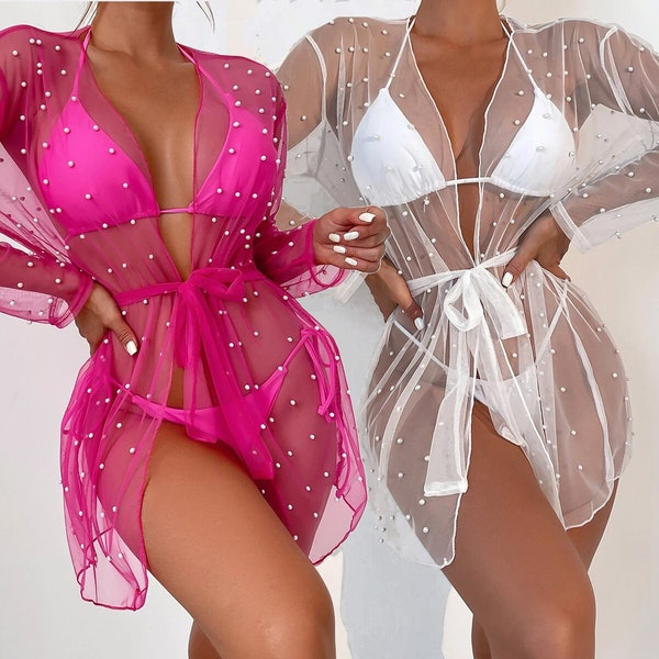 Pearl Cover Up • Swimsuit Sheer Robe • Bride Cover Up • Bachelorette Party Weekend • Swimsuit Sarongs • Bathing Cover Up • Beach Sarong Wrap