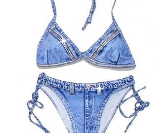 Blue Bridal Swimsuit • White Bride Rhinestone Denim Like Bikini • High Cut