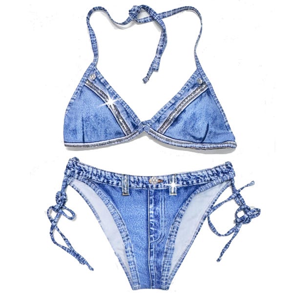 Traje de baño de novia azul • Bikini de novia blanco con efecto mezclilla y diamantes de imitación • Corte alto