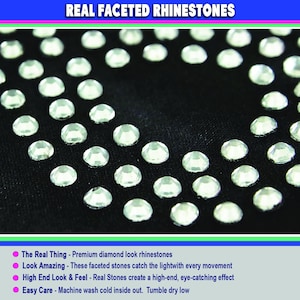 May include: A black fabric surface adorned with numerous clear, faceted rhinestones arranged in a circular pattern. The text REAL FACETED RHINESTONES appears at the top, with additional bulleted text regarding stone quality and care instructions.