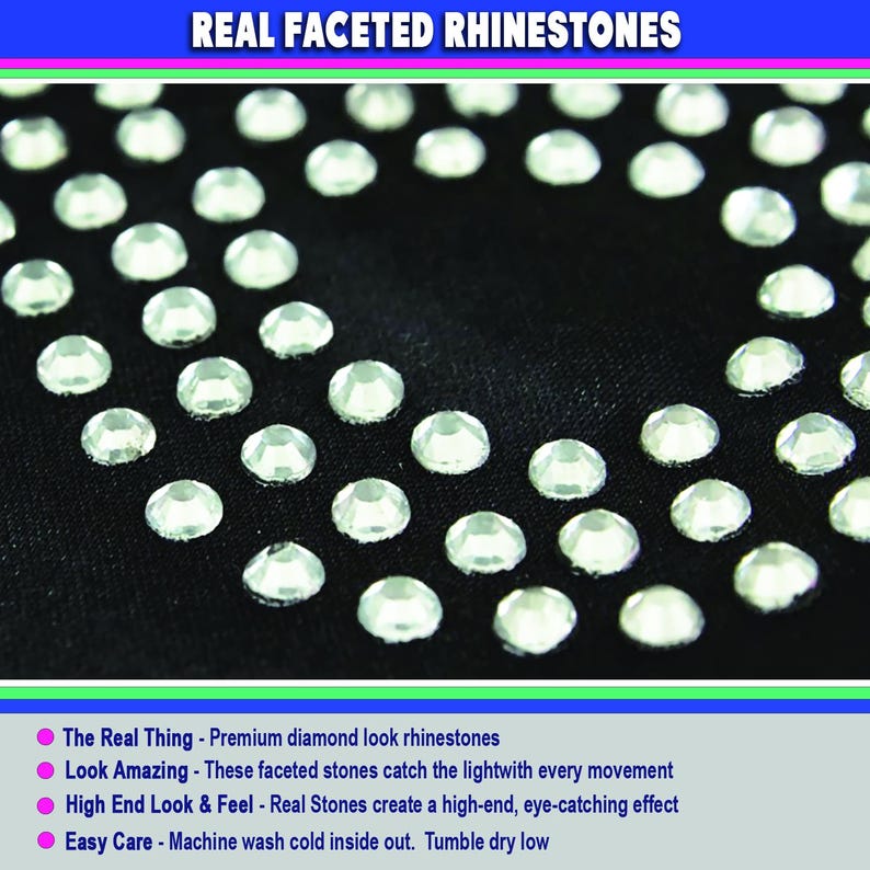 May include: A black fabric surface adorned with numerous clear, faceted rhinestones arranged in a circular pattern. The text REAL FACETED RHINESTONES appears at the top, with additional bulleted text regarding stone quality and care instructions.