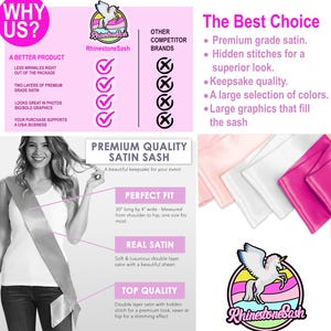 May include: A satin sash in various colors, 30 inches long and 4 inches wide, is displayed. The image highlights the sash's features, including premium satin, hidden stitches, and a large selection of colors. The text on the image says "RhinestoneSash".