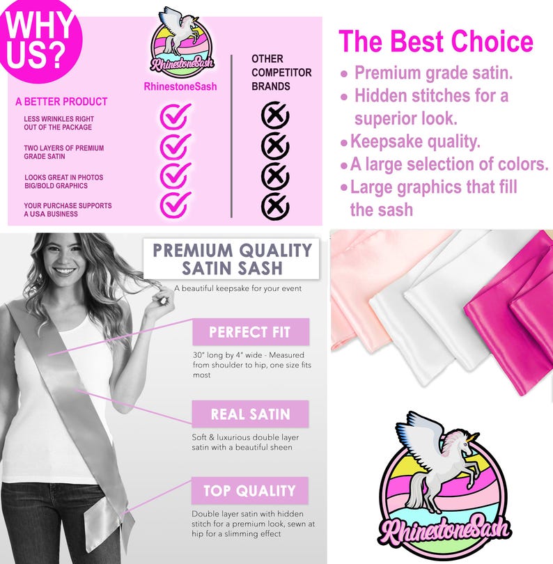 May include: A satin sash in various colors, 30 inches long and 4 inches wide, is displayed. The image highlights the sash's features, including premium satin, hidden stitches, and a large selection of colors. The text on the image says "RhinestoneSash".