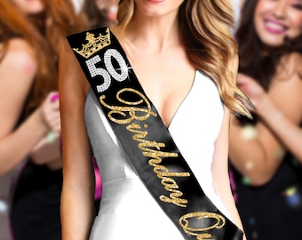 Any Age Customizable Birthday Sash • Birthday Queen Black, Gold, Silver • Personalized Bday