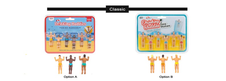 Puede incluir: Dos juegos de marcadores de bebidas "Drinking Buddies". La opci&oacute;n A presenta marcadores en varios tonos de piel y trajes de ba&ntilde;o, empaquetados en una tarjeta roja y azul. La opci&oacute;n B tiene marcadores en trajes de ba&ntilde;o amarillos, empaquetados en una tarjeta azul.