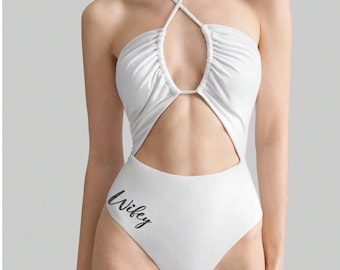 Wifey Swimwear • Bride Bathing Suit • Halter Hollow Swimsuit • Bride Swimsuit • Pearl Sarong Cover Up • Criss Cross One Piece Swims