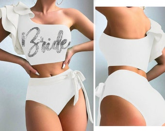 Bridal Bikini • Silver Glam Ruffle One Shoulder Bikini •  Bride Bathing Suit • Bride Swimsuit • Bride Cover Up • Bachelorette Party Weekend