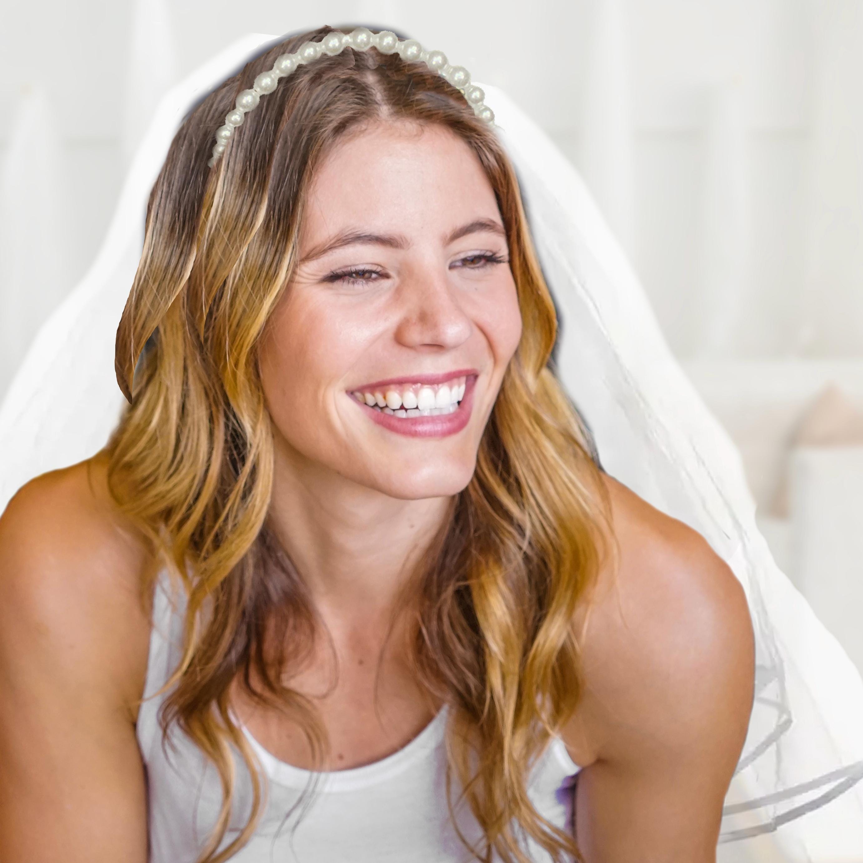 Pearl Bride Headband & White Tulle Veil 2pc Set • Coquette 