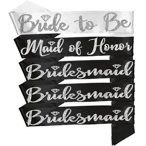 Bridal Party Sashes • Bride to Be White Satin Sash • Bridesmaid Black Sash • Maid of Honor Black Sash • Set of 5 Bridal Shower Sashes