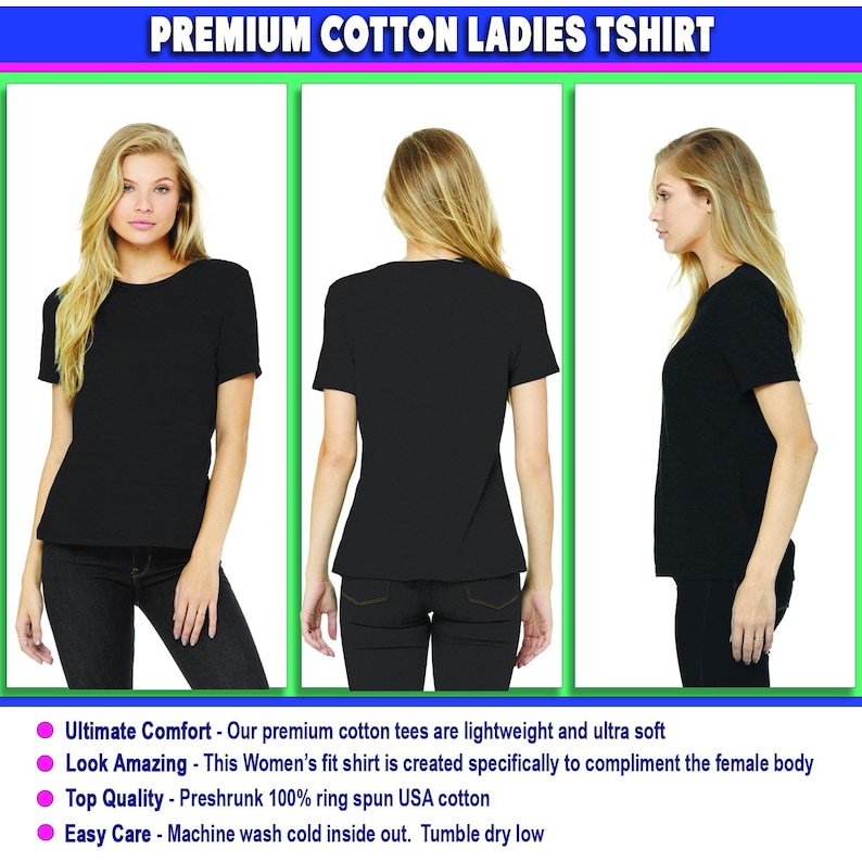 May include: A plain black short-sleeved t-shirt shown from the front, back, and side views. The garment features a crew neckline and a solid color design. The text at the top reads PREMIUM COTTON LADIES TSHIRT, with additional text below.