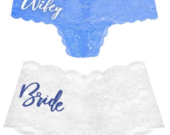 Lingerie Shower Gift • White Wifey Blue Thong & Blue Bride White Boyshort • Wedding Panties