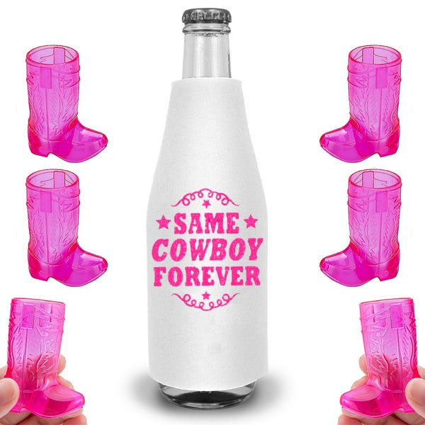 Western Favors • Pink Same Cowboy Forever Bottle Cover • Plastic Boot Shaped Shot Glass