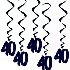 May include: Dark blue hanging swirl decorations with the number 40 attached. The decorations are hanging from a white background. These are party decorations for a 40th birthday or anniversary.