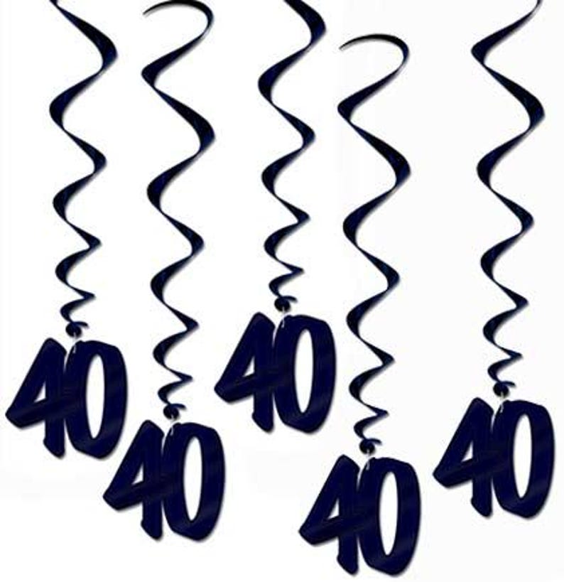 May include: Dark blue hanging swirl decorations with the number 40 attached. The decorations are hanging from a white background. These are party decorations for a 40th birthday or anniversary.