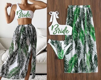 3pc Bridal Swimsuit • Size Small Palm Leaf Bride Bikini • Bride Swimsuit Cover Up • Green Leaf Beachwear • Bach Party Swimwear