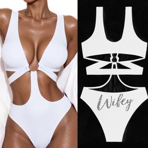 Bride Swimsuit • Silver Wifey Hallow Out One Piece Bathing Suit • Honeymoon Swimwear