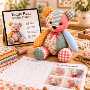 Patchwork memory teddy bear sewing pattern PDF with a handmade floral and gingham teddy bear, printable bear pattern pieces, detailed step-by-step sewing instructions with photos, and digital download materials for creating a personalized keepsake stuffed animal.
