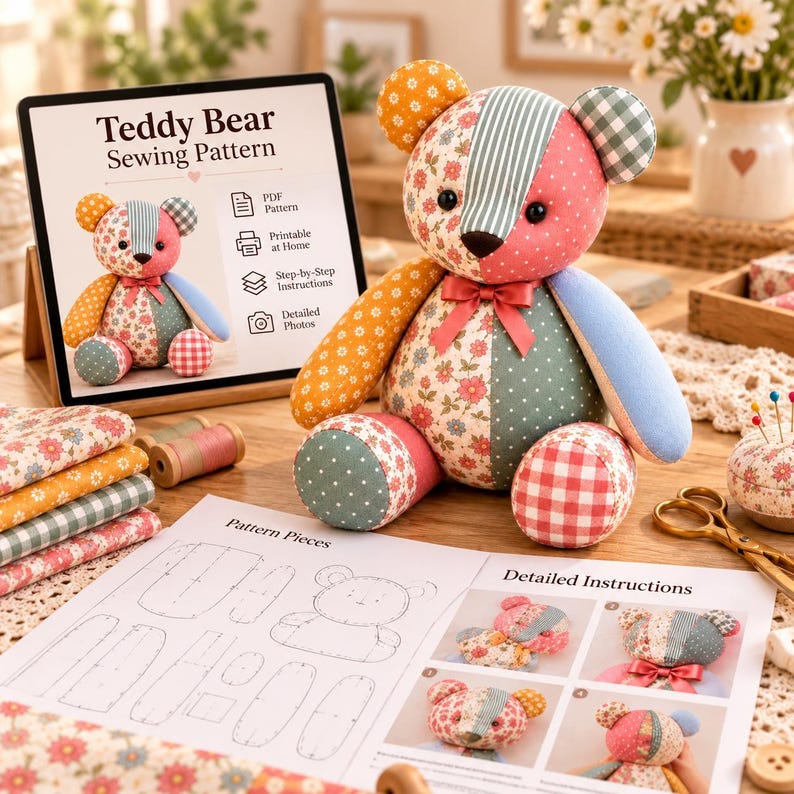 Patchwork memory teddy bear sewing pattern PDF with a handmade floral and gingham teddy bear, printable bear pattern pieces, detailed step-by-step sewing instructions with photos, and digital download materials for creating a personalized keepsake stuffed animal.