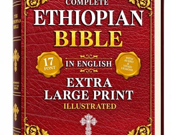 May include: A red hardcover book titled The Complete Ethiopian Bible in English. The cover features gold ornate corner accents, a white cross, and text indicating extra large print, 17 font, and included audio and video lessons.