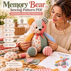 Patrón PDF para osito de peluche conmemorativo, patrón de costura para osito de peluche, osito de peluche de patchwork, juguete de peluche de 45 cm.