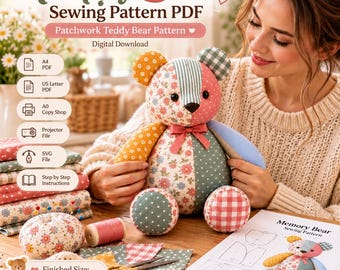Patron PDF d'ours en peluche souvenir, patron de couture d'ours en peluche, ours souvenir patchwork, peluche de 45 cm