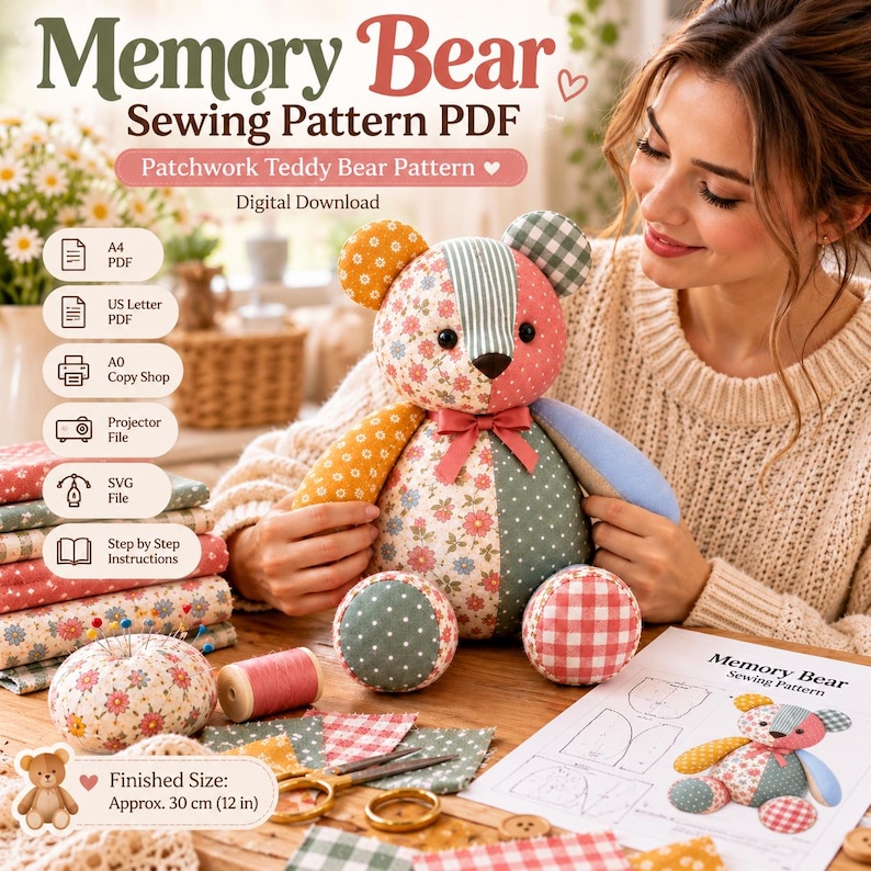 Memory bear sewing pattern PDF featuring a handmade patchwork teddy bear with floral, gingham, striped and polka dot fabrics, illustrated pattern pieces and sewing instructions for a DIY keepsake teddy bear.