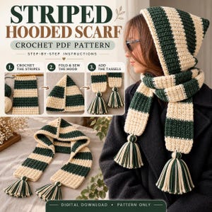 Peut inclure: Un modèle PDF de crochet pour une écharpe à capuche rayée avec des instructions étape par étape. Le design présente des rayures alternées vert foncé et crème, une capuche pointue et de grands pompons aux extrémités. Le téléchargement numérique inclut des guides visuels pour crocheter, plier, coudre la capuche et ajouter les pompons à l'écharpe finie.