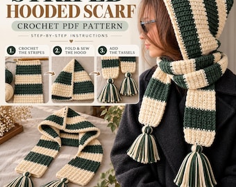Modèle PDF au crochet d'une écharpe à capuche rayée, tutoriel pour réaliser un col à capuche, instructions vidéo, modèle pour débutants, téléchargement instantané