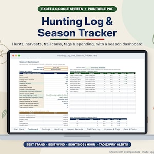 Può includere: Un registro di caccia e tracker di stagione digitale visualizzato su uno schermo di un portatile, con una dashboard Excel che mostra tabelle per caccia, raccolti, fototrappole, tag e spese, inclusi vari tab per impostazioni e registrazioni.